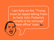 Editorial illustration of a person's face with a speech bubble quoting a statement about Trump being taped telling Putin to hack John Podesta's emails.