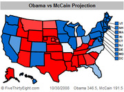 US electoral map showing Obama vs McCain projection dated 10/30/2008, with states colored blue for Obama and red for McCain, showing Obama 346.5 to McCain 191.5.