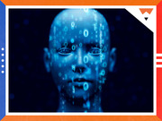 Editorial illustration of a glowing blue humanoid face overlaid with binary code digits on a dark background, representing artificial intelligence.