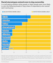 Horizontal stacked bar chart showing the share of poll respondents who said black or white people are more likely to own ten dog breeds, from FiveThirtyEight.