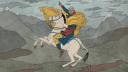 Editorial illustration of Barack Obama depicted in the style of Napoleon Crossing the Alps, riding a rearing white horse with a golden cape against a mountain backdrop.