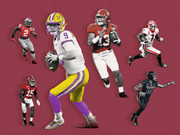 Editorial collage of six college football players in various uniforms including LSU, Alabama, Georgia, Ohio State, and Utah State on a dark red background.