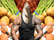 Surreal collage of a muscular tattooed bodybuilder with a fish head, surrounded by asparagus, potatoes, eggs, and meat.