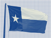 The Texas state flag waving on a flagpole, rendered in blue and white tones against a light grid background.