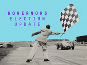 Editorial illustration for a Governors Election Update article showing a vintage black-and-white photo of a man waving a checkered racing flag, set against a teal background.