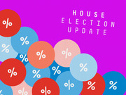 Decorative editorial illustration for FiveThirtyEight's House Election Update featuring colorful circles with percent signs on a magenta background.