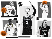 Editorial collage of five college basketball players from South Carolina, Utah State, Mizzou, Stanford, and another team, styled in black-and-white with orange accent basketballs.