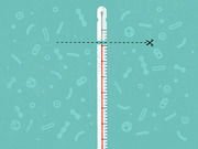 Editorial illustration of a thermometer being cut by scissors along a dashed line, set against a teal background with faint microbe shapes.