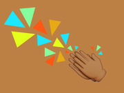Editorial illustration of a clapping hands emoji with colorful confetti triangles flying outward on an orange background.