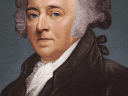 Colorized engraving-style portrait of a man in 18th-century attire with powdered wig, likely a Founding Father such as John Adams.