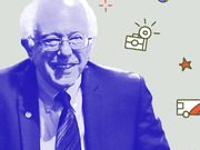 Blue-tinted editorial illustration of Bernie Sanders smiling, with small decorative icons including a camera, star, and vehicle on a light green background.