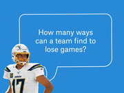 Editorial illustration of a Los Angeles Chargers player with a speech bubble asking 'How many ways can a team find to lose games?' on a blue background.
