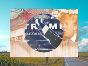 Editorial collage featuring a torn Trump campaign sign, a photo of Donald Trump, a historical city map, suburban fence, and rural road backdrop.