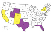 US map showing states colored yellow or purple, with 4 yellow states (CA, CO, NM, NY), 4 purple states (WY, UT, TX, FL), and 40 unassigned states.