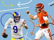 Editorial illustration showing LA Rams quarterback number 9 and Cincinnati Bengals quarterback number 9 facing off, with football play diagram arrows in the background.