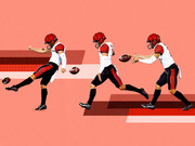 Editorial illustration showing a San Diego State football player in three sequential poses kicking and handling a football, set against a red geometric background.