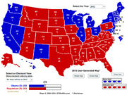 2012 US Electoral College map showing states colored red for Republican and blue for Democrat with electoral vote counts, from 270toWin.