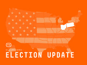 Orange editorial illustration of a US map styled like an American flag with stars and stripes, highlighting Ohio and Pennsylvania in white, labeled Election Update.