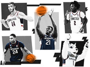 Editorial collage illustration of four UConn Huskies basketball players wearing jerseys numbered 44, 2, 21, and 24, alongside the UConn Husky mascot.
