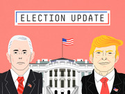 Editorial illustration showing caricatures of Mike Pence and Donald Trump flanking the White House under an Election Update banner on a coral background.