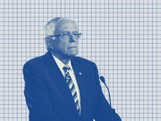 Blue-tinted editorial illustration of Bernie Sanders in a suit and tie standing at a microphone against a grid background.