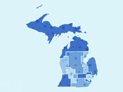 Choropleth map of Michigan showing congressional or electoral districts in varying shades of blue with star icons overlaid.