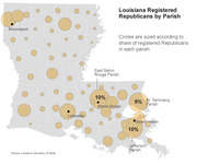Bubble map of Louisiana showing registered Republicans by parish, with circle size representing share of registered Republicans in each parish.