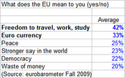 Table showing what the EU means to respondents in a yes/no survey, with percentages for categories like freedom to travel, euro currency, and peace.