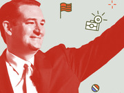 Red-tinted editorial illustration of a smiling man in a suit with arm raised, surrounded by small icons including a flag, camera, and a crossed-out circle.