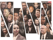 Collage of portraits of prominent Black American political and public figures arranged in diagonal strips forming a decorative editorial illustration.