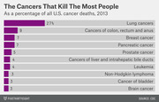 Horizontal bar chart showing the top cancers by percentage of all U.S. cancer deaths in 2013, with lung cancer leading at 27%.