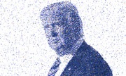 A mosaic portrait of a person in profile, composed of thousands of tiny colorful squares and image tiles on a white background.