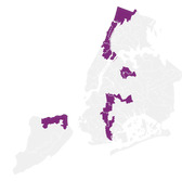 Map of New York City's five boroughs with select districts highlighted in purple, likely showing specific neighborhoods or political districts.