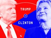 Editorial illustration showing Donald Trump in red on the left and Hillary Clinton in blue on the right with the text Trump vs Clinton between them.