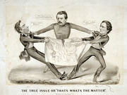 Civil War-era political cartoon showing Lincoln, McClellan, and Jefferson Davis tearing apart a Map of the United States, published by Currier and Ives.