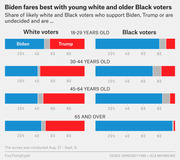 Grouped horizontal bar chart showing share of white and Black likely voters supporting Biden, Trump, or undecided across four age groups, from FiveThirtyEight.