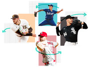 Editorial collage of four MLB pitchers in action poses from different teams including the Dodgers, Padres, Cardinals, and White Sox.
