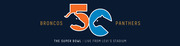 Decorative Super Bowl 50 graphic featuring the Denver Broncos and Carolina Panthers team logos integrated into the number 50, on a dark navy background.