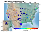 Map of dominant HTN (horizontal-to-vertical spectral ratio peak) frequencies across US seismic network stations, shown as colored circles sized by amplitude.