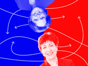 Editorial illustration showing two women on blue and red backgrounds with white arrows swirling around them, one figure upside down.
