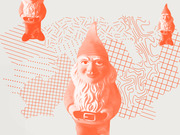 Editorial illustration featuring three orange-tinted garden gnome figurines arranged against a background of abstract orange line patterns, grids, and topographic shapes.