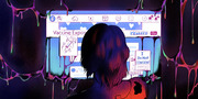 Editorial illustration of a person holding a baby viewing a Facebook anti-vaccine group page, surrounded by dark dripping paint, conveying misinformation themes.