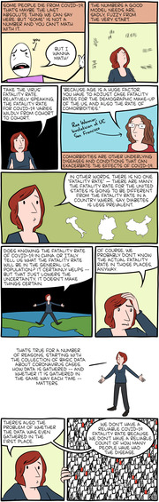 Editorial comic strip explaining why COVID-19 fatality rates are uncertain, featuring a narrator and biostatistician Rae Wannier discussing data collection and demographic factors.