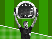 Black and white photo collage of a FIFA World Cup Russia 2018 referee holding a Hublot substitution board above his head against a green striped soccer field background.