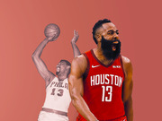 Editorial illustration comparing two NBA players wearing number 13 jerseys: a vintage black-and-white player in a Philadelphia uniform and James Harden in a Houston Rockets jersey.