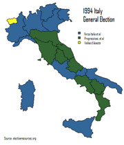 Choropleth map of Italy showing regional results of the 1994 Italian General Election, with regions colored by winning party coalition.