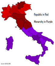 Map of Italy showing regional results of the 1946 constitutional referendum, with northern regions in red for Republic and southern regions in purple for Monarchy.
