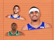 Editorial collage of three NBA players in uniform cutouts on an orange lined-paper background, featuring Philadelphia 76ers and Boston Celtics jerseys.