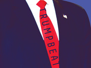 Editorial illustration of a suited figure wearing a red tie with TRUMPBEAT written on it and an American flag lapel pin.