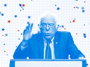 Blue-tinted editorial illustration of Bernie Sanders speaking at a podium, surrounded by red and blue stars on a grid background.